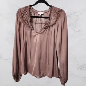 Evereve Satin Peasant Blouse Ruffled Neckline Small